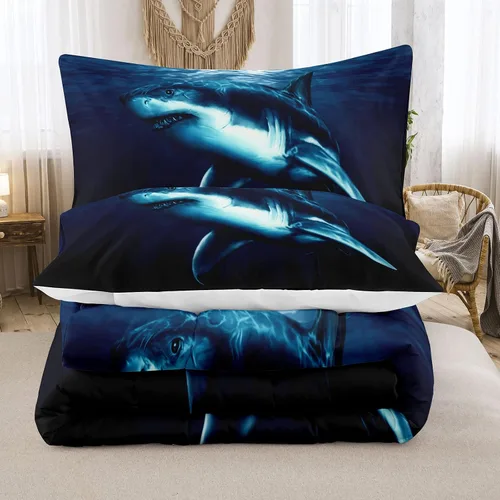 NINENINE Juego de ropa de cama de tiburón azul para niños, tamaño Twin para adolescentes y niños, edredón azul marino, juego de cama con diseño de