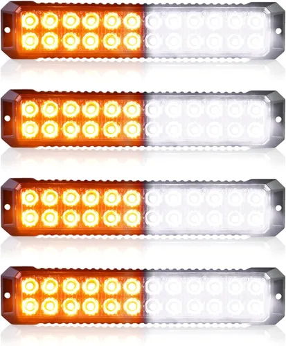 4 PCS Luces Estroboscópicas de Emergencia Intermitentes de Montaje en Superficie Ámbar Blanco 24-LED para Camiones Automóviles Vehículos Mini Luces