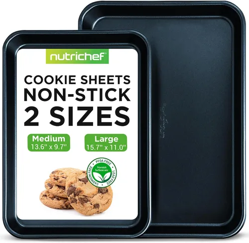 Miniatura 9 de NutriChef 2 bandejas de galletas grandes y medianas para hornear, bandeja antiadherente para galletas, pasteles de hoja y asado, aptas para Gris