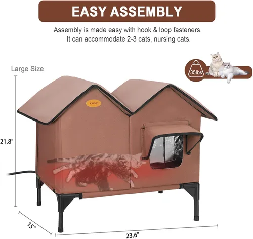 Miniatura 5 de Casa climatizada para gatos para exteriores en invierno, casa elevada para gatos al aire libre, resistente a la intemperie, puerta de escape