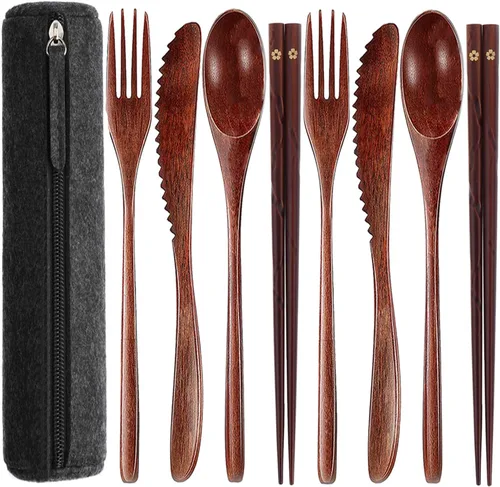 Miniatura 11 de Utensilios de madera reutilizables para comer, 8 piezas de cucharas de madera de viaje, tenedores, palillos, juego de cubiertos con estuche