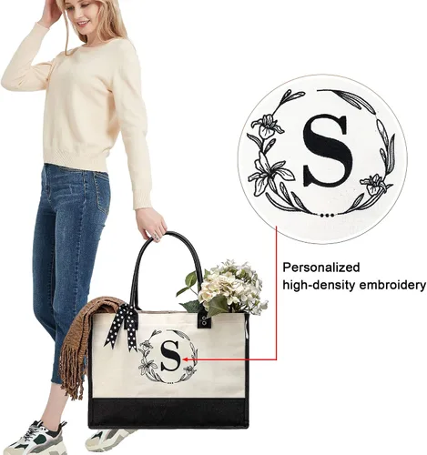 Miniatura 5 de BeeGreen Bolsas de lona con inicial, regalo de cumpleaños personalizado para mujer, monograma bordado con mango de cuero
