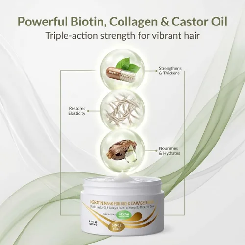 Miniatura 3 de VITAMINS hair cosmetics Mascarilla capilar de queratina para cabello seco dañado, biotina, colágeno y aceite de ricino, acondicionador profundo