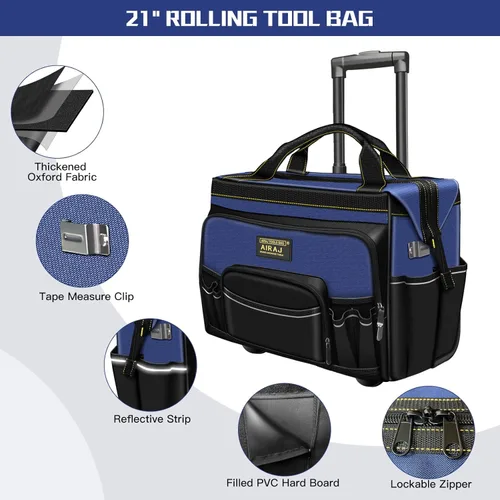 Miniatura 4 de AIRAJ Bolsa de herramientas rodante de 21 pulgadas con ruedas y juego de mochila de herramientas de 18 pulgadas Asa telescópica ajustable Bolsa