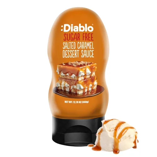 Diablo Salsa de postre de caramelo salado sin azúcar, edulcorante líquido sin gluten, cobertura para brownies, panqueques, gofres, helados, batidos,
