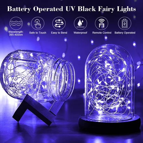 Miniatura 2 de Paquete de 2 luces LED negras de 16.4 pies, 50 luces LED de hadas UV, funciona con pilas con control remoto y temporizador, 8 modos de luces UV