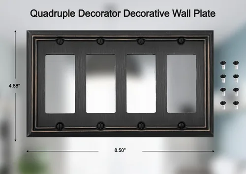 Miniatura 2 de OKAWYC Adler - Placa de pared de metal para interruptor de luz cuádruple decorativa, paquete de 2 unidades de bronce envejecido de 4 segmentos