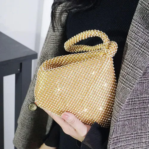 Miniatura 2 de Bolso de noche para mujer, con diamantes de imitación brillantes, triángulo, cadena de diseño, bolso de mano para fiesta, graduación, boda