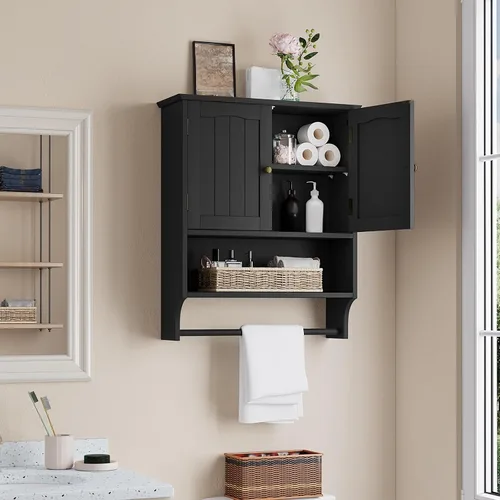 Miniatura 8 de Smuxee Armario de baño negro montado en la pared con barra de toallas, botiquín con 2 estantes ajustables de puerta, armario sobre inodoro