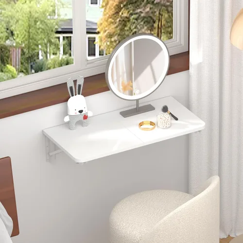 Miniatura 2 de TEAMIX Escritorio montado en la pared, escritorio plegable blanco para espacios pequeños, organizador de estantes flotantes con soportes resistentes