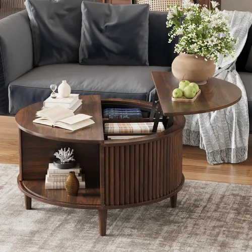 Miniatura 7 de Mesa auxiliar con tapa elevable y almacenamiento, mesa central redonda acanalada con puerta de armario deslizante, mesa pequeña circular para sala
