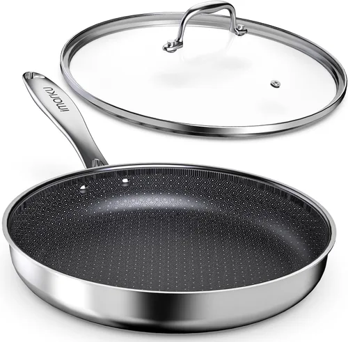 imarku Sartenes antiadherentes, sartén de acero inoxidable de 12 pulgadas, sartén híbrida con tapa, sartén grande profunda, apta para lavavajillas y