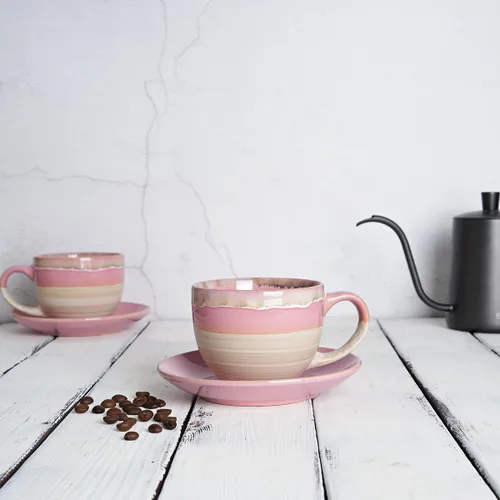 Miniatura 4 de Bosmarlin Juego de 2 tazas y platillo de cerámica para capuchino, 10 onzas, tazas de café para café con leche, expreso, té, lavavajillas y Rosa