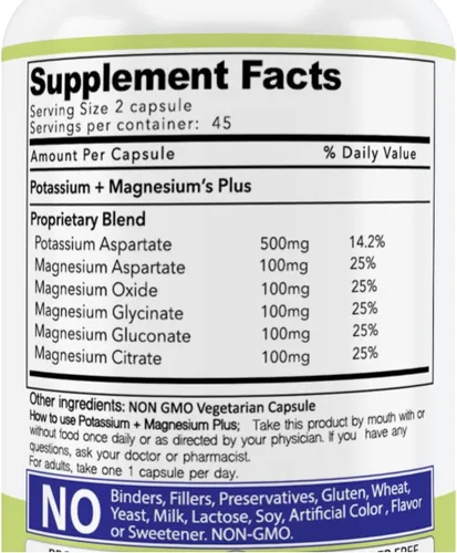 Miniatura 6 de Daily Vites, Suplemento de potasio y magnesio 1000 mg – 90 cápsulas – Potasio 500 mg y magnesio 500 mg – Aspartato de magnesio, glicinato, óxido