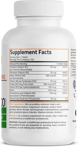 Miniatura 2 de Bronson Complejo de vitamina B (vitamina B1, B2, B3, B6, B9 - ácido fólico, B12), 100 tabletas