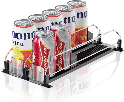 Miniatura 19 de Organizador de Bebidas para Refrigerador, 12oz 16oz 20oz - Dispensador de Latas de Refresco para Refrigerador, Ancho Ajustable, Deslizador Negro