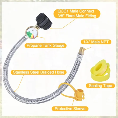 Miniatura 3 de Mangueras de propano para RV de 15 pulgadas con medidor, manguera trenzada de acero inoxidable para tanque de caravana, línea de manguera pigtail