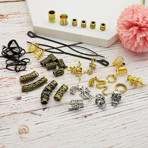 Miniatura 6 de 207 piezas de joyería para cabello vikingo, cuentas de runas nórdicas en tubo, kit de accesorios para trenzas, rastas, barba, locs, clips metálicos