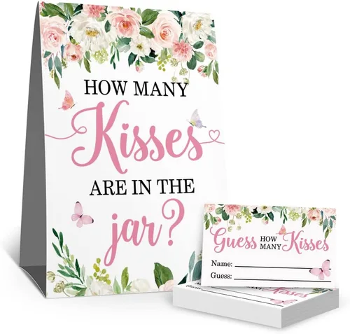 How Many Kisses - Tarjetas de juego para fiesta de baby shower, besos florales de mariposas que adivinan baby showers, boleto de rifa, decoración de
