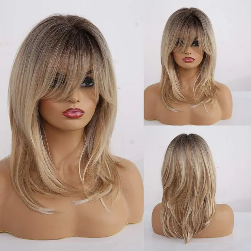 Miniatura 7 de Alanhair MEACO - Pelucas color castaño rojizo para mujer, pelucas largas en capas naranjas con flequillo, pelucas de fibra sintética resistentes al