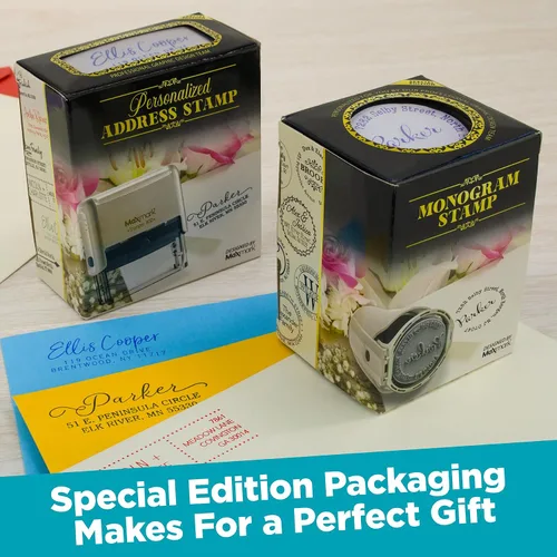 Miniatura 3 de Sello autoentintado con monograma personalizado, regalo perfecto para las fiestas en una elegante caja de regalo. Elige entre 15 colores de tinta