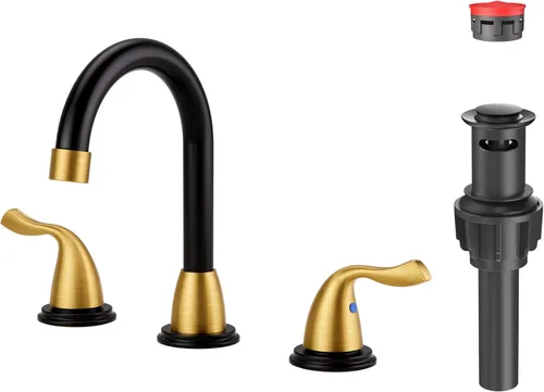 ARCORA Grifo de lavabo de baño de 3 agujeros, grifo de baño de 8 pulgadas, grifo de tocador de 2 manijas con drenaje desplegable y líneas de Negro y