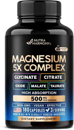 Suplemento de magnesio - Complejo 5 en 1 | Glicinato | Citrato | Malato | Taurato | Óxido - para mujeres y hombres - Soporte para el estrés, los