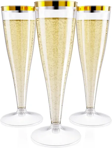 JOLLY CHEF Copas de champán de plástico de 36 unidades de 4.5 onzas con borde dorado transparente desechables para tostadas 4.5-Llanta dorada-36