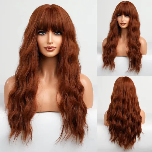 Miniatura 16 de HAIRCUBE Peluca larga rubia mezclada con marrón con flequillo, pelucas rizadas en capas para mujeres, pelucas sintéticas naturales para uso diario