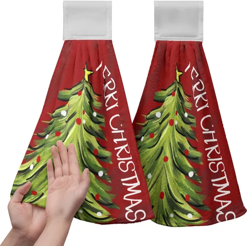 Toallas de cocina colgantes con diseño de árbol de Navidad, color rojo y verde, toalla de mano de Navidad con lazo para colgar, toallas de cocina