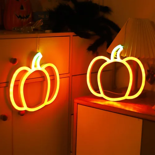 Miniatura 5 de Luces de neón de calabaza para decoración de Halloween, paquete de 2 lindas luces de Acción de Gracias naranja y verde para el hogar, funciona