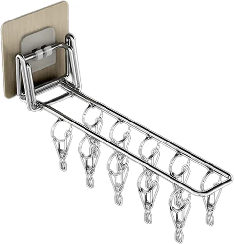 Miniatura 6 de Colgador montado en la pared para balcón, estante de secado de ropa plegable de acero inoxidable, organizador de clip de almacenamiento para ropa