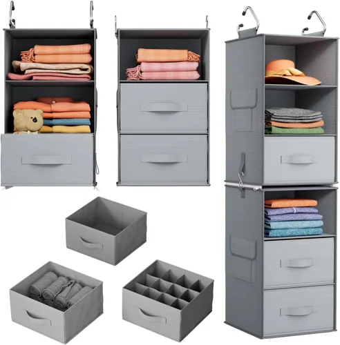 Pipishell Organizador colgante de armario de 6 estantes con 2 estantes separables de 3 niveles, 3 cajones y bolsillos laterales, organizadores de