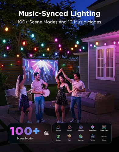Miniatura 3 de Govee Guirnalda de luces S14 para exteriores, luces inteligentes RGBIC de 48 pies de color blanco cálido con 15 bombillas LED, 111 modos de escena
