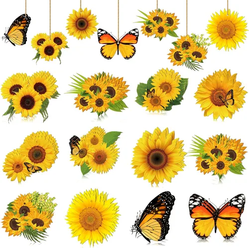Qunclay 36 piezas de decoración de árbol de girasol, adornos de madera de verano, flores amarillas de primavera, mariposa, adorno colgante de madera