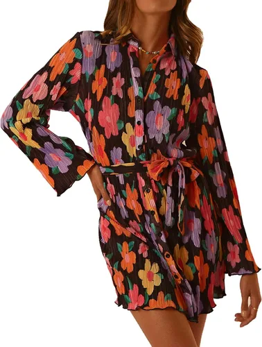 Neufigr Vestidos de verano para mujer, con cuello en V, manga larga, mini botones, casual, con volantes, con lazo corto