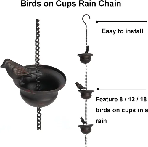 Miniatura 2 de Jemeni Cadena de lluvia de 5.5 pies con 8 pájaros en copas, cadena de canalón de metal de bronce oscuro, fácil de instalar con colgador adjunto