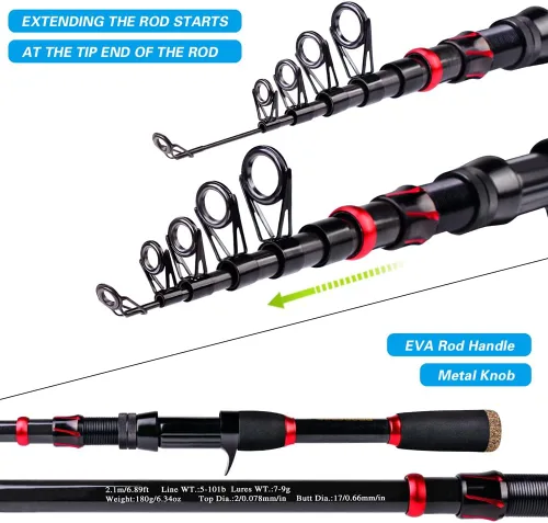 Miniatura 6 de Combo de caña de pescar y carrete, caña de pescar telescópica de fibra de carbono de 6.9 pies con combo de carrete de spinning/baitcasting, agua B