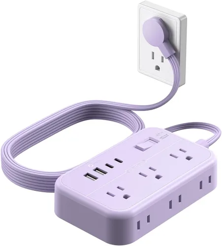 Miniatura 12 de Regleta de alimentación NTONPOWER con cable de extensión plano de 25 pies, con 6 salidas y 4 puertos USB (2 USB C), enchufe plano, múltiples Blanco
