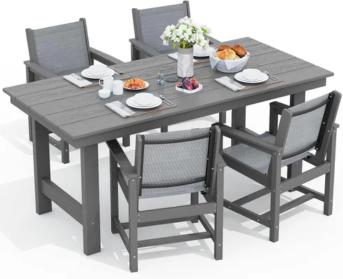 Miniatura 15 de SERWALL Juego de Mesa de Comedor de HDPE para Exteriores, Juego de 7 Piezas de Mesa de Comedor al Aire Libre con Mesa con Corte para Agujero de Gris
