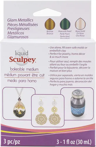 Liquid Sculpey - Arcilla líquida de polímero para horno, paquete de muestras metálicas glamorosas, tres botellas de 1 onza incluidas, oro rosa,
