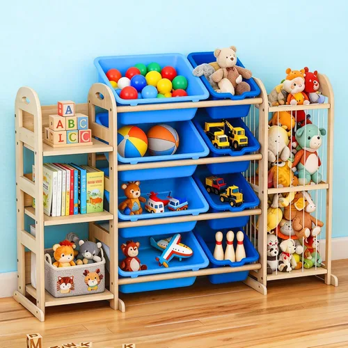 Miniatura 9 de Organizador de almacenamiento de juguetes de madera, organizadores de juguetes y almacenamiento con almacenamiento de animales de peluche, estante