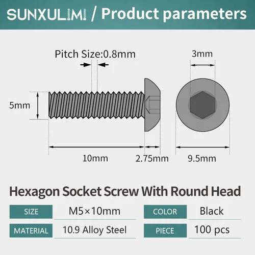 Miniatura 2 de Tornillos de cabeza de botón M5 x 0.394 pulgadas, acero de aleación de grado 10.9, acabado de óxido negro, accionamiento hexagonal métrico Allen