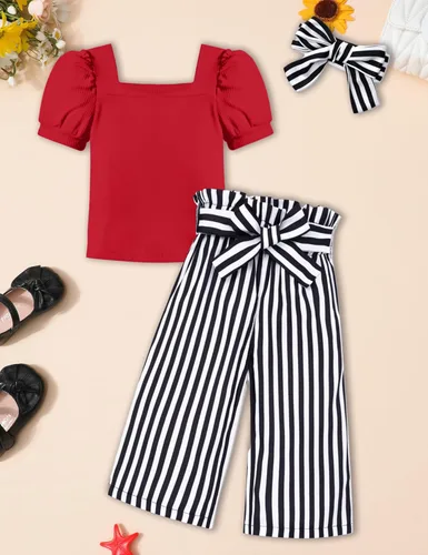 Miniatura 39 de DONWEN Conjunto de 3 piezas de ropa para niñas pequeñas y niñas con cuello cuadrado + pantalones elegantes + diadema para primavera y verano