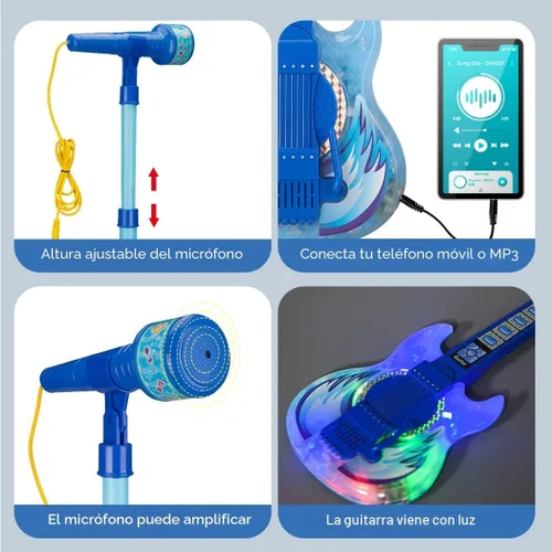 Miniatura 4 de TAKIHON Juego de guitarra y micrófono para niños, juguetes de guitarra con música y luz colorida, micrófono de altura ajustable con soporte