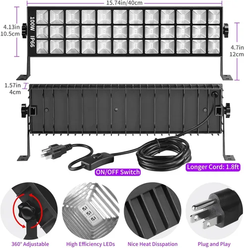 Miniatura 3 de THECHAM Barra de Luces Negras LED de 100W, 100 LEDs, Luz de Inundación de Luz Negra para Fiesta de Luz Negra, para Fiesta Fluorescente, Dormitorio