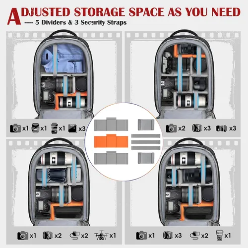 Miniatura 3 de SDYSM Mochila para cámara, funda rígida para cámara DSLR/SLR con bolsa para lentes y compartimento para portátil de 15.6" Estuche impermeable