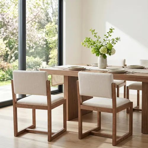 Miniatura 8 de DUOMAY Juego de 2 sillas de comedor tapizadas, sillas de comedor modernas de mediados de siglo, sillas auxiliares de cocina de tela de lino con Beige