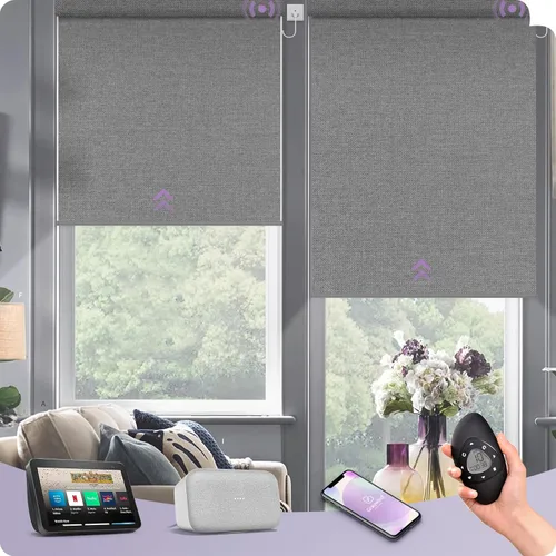 Miniatura 50 de Graywind Persiana enrollable motorizada funciona con Alexa Google, persianas inteligentes 100% opacas recargables con control remoto de motor