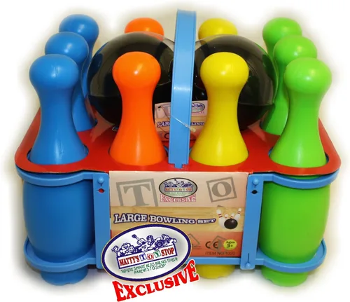 Matty's Toy Stop 10 Pin Multi-Color Juego de bolos de plástico de lujo para los niños con el estante de almacenamiento, 12 Piezas Total (10 Pines y